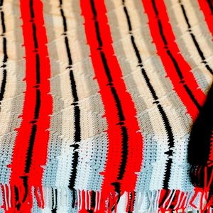 Afghan Vintage red/white/grey stripped fringe